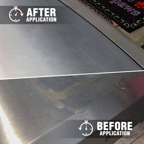 Close-up of stainless steel surface showing a clear contrast between dull, smudged before cleaning and bright, polished after using a stainless-steel cleaner from the Home & Decor and Household Cleaning collections, made in USA.