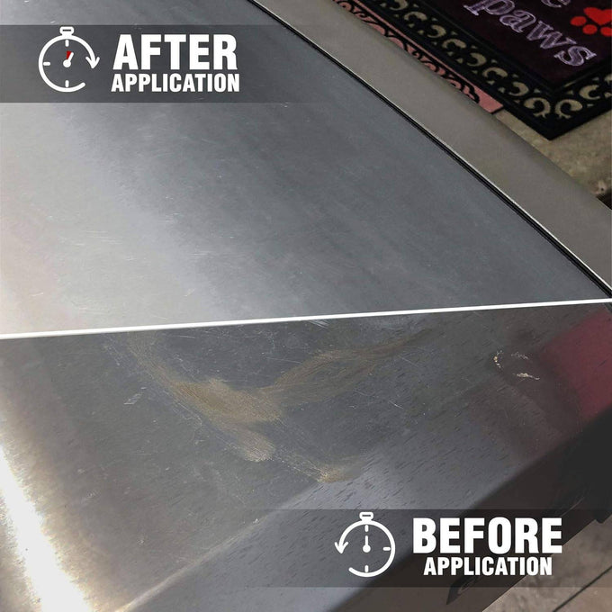 Close-up of stainless steel surface showing a clear contrast between dull, smudged before cleaning and bright, polished after using a stainless-steel cleaner from the Home & Decor and Household Cleaning collections, made in USA.