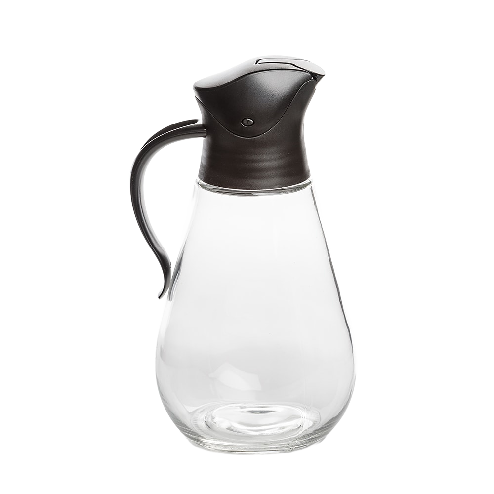 Clear glass syrup dispenser with ergonomic black plastic lid and handle, designed for drip-free pouring and easy storage, ideal for Kitchen & Food and Storage and Serving collections.