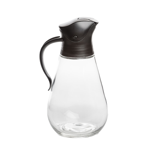 Clear glass syrup dispenser with ergonomic black plastic lid and handle, designed for drip-free pouring and easy storage, ideal for Kitchen & Food and Storage and Serving collections.