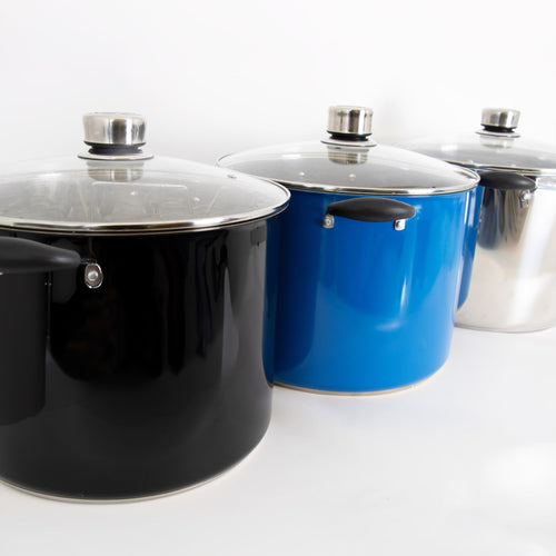 Three 21.5-quart water bath canners in black, blue, and stainless steel with glass lids and black handles, handcrafted for Kitchen & Food, Food Preservation, and Canning collections.