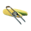 Stainless steel corn cutter with a circular blade designed to quickly remove kernels from the cob, shown resting on fresh ears of corn, ideal for kitchen and food prep collections.