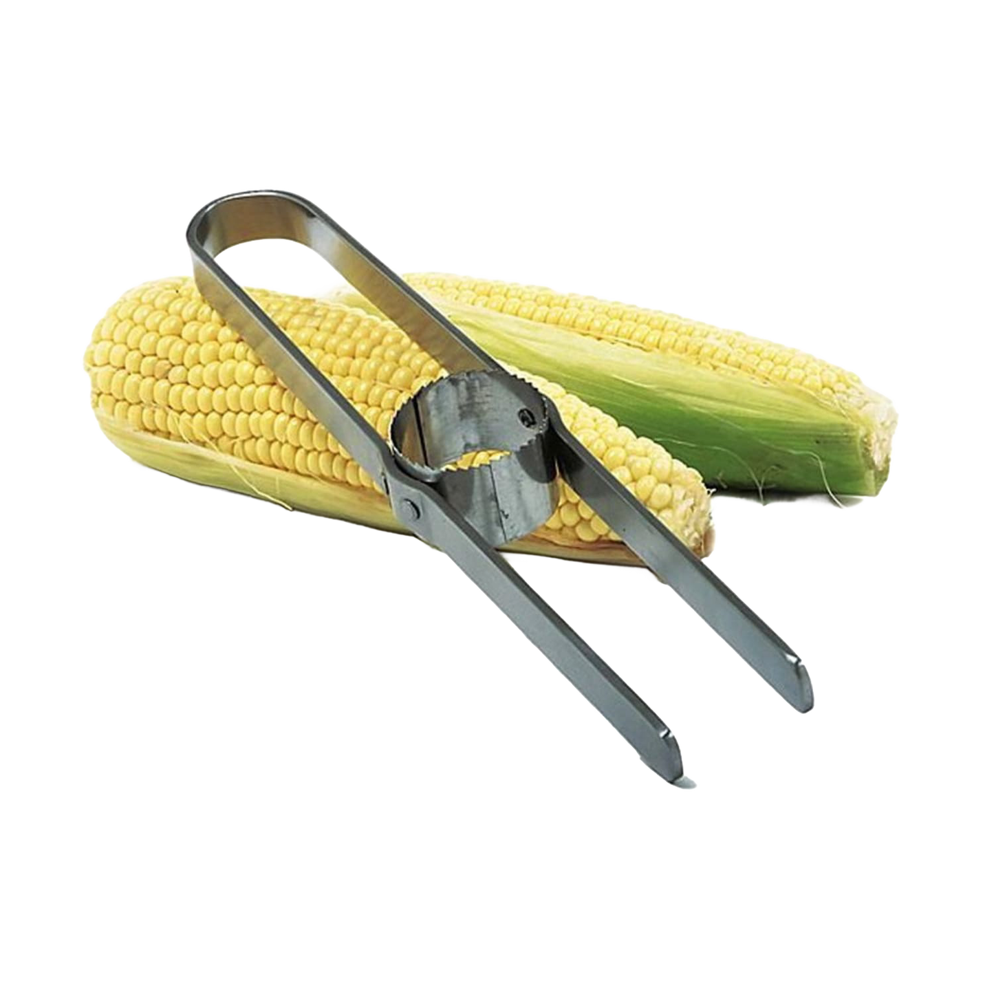 Stainless steel corn cutter with a circular blade designed to quickly remove kernels from the cob, shown resting on fresh ears of corn, ideal for kitchen and food prep collections.