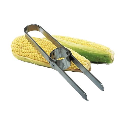 Stainless steel corn cutter with a circular blade designed to quickly remove kernels from the cob, shown resting on fresh ears of corn, ideal for kitchen and food prep collections.