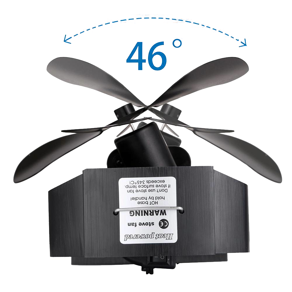 Handcrafted black heat-powered oscillating stove fan with four curved blades rotating 46 degrees to distribute warm air efficiently, featured in stoves and hearth accessories collections.