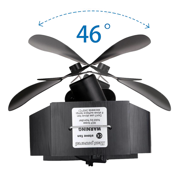 Handcrafted black heat-powered oscillating stove fan with four curved blades rotating 46 degrees to distribute warm air efficiently, featured in stoves and hearth accessories collections.