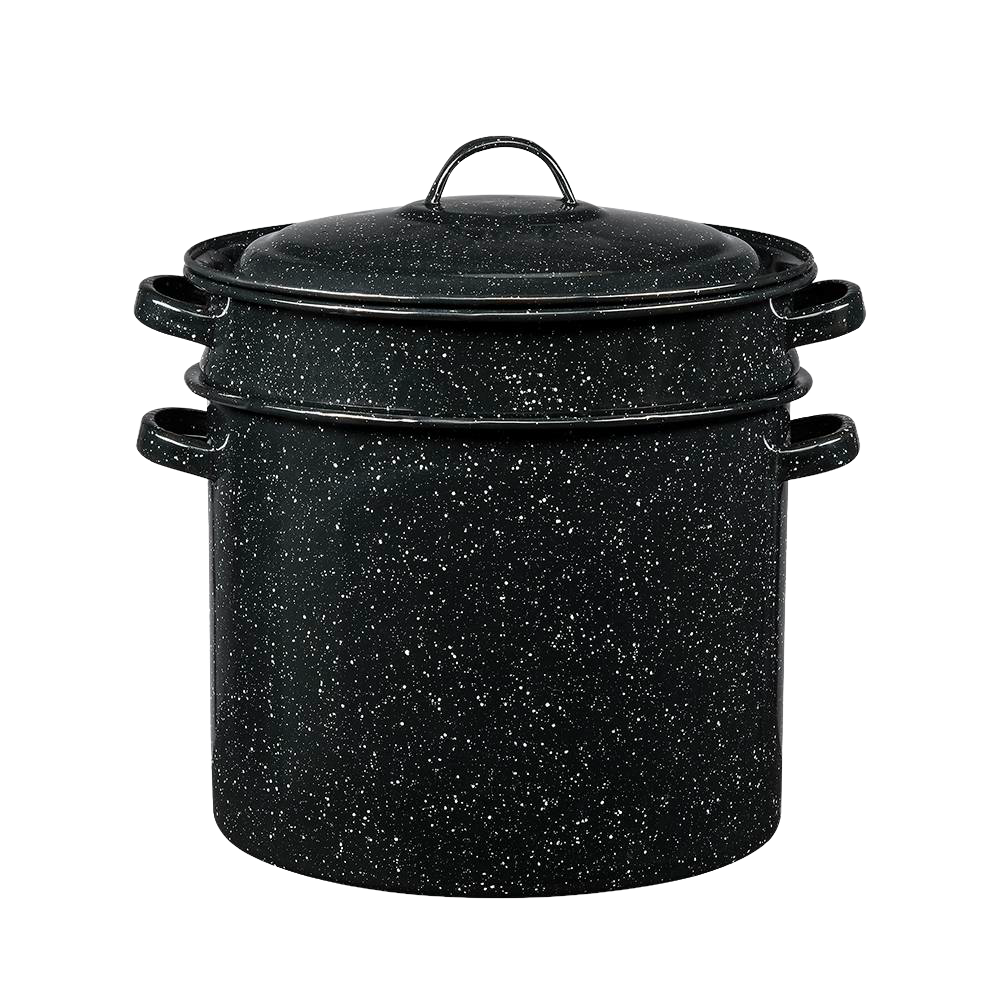Black enamelware blancher with speckled porcelain surface and fitted lid, designed for even heating and easy vegetable blanching, featured in Kitchen & Food, Cookware, and Best Sellers collections.