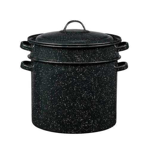 Black enamelware blancher with speckled porcelain surface and fitted lid, designed for even heating and easy vegetable blanching, featured in Kitchen & Food, Cookware, and Best Sellers collections.
