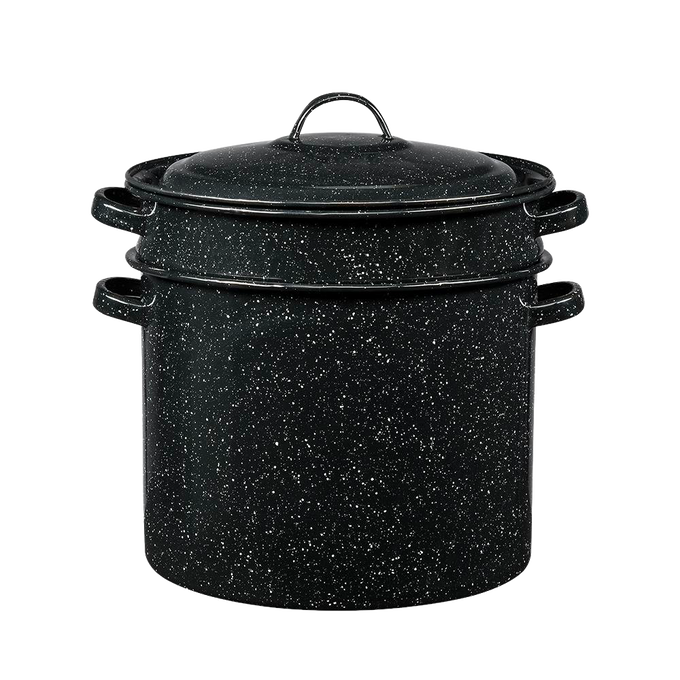 Black enamelware blancher with speckled porcelain surface and fitted lid, designed for even heating and easy vegetable blanching, featured in Kitchen & Food, Cookware, and Best Sellers collections.