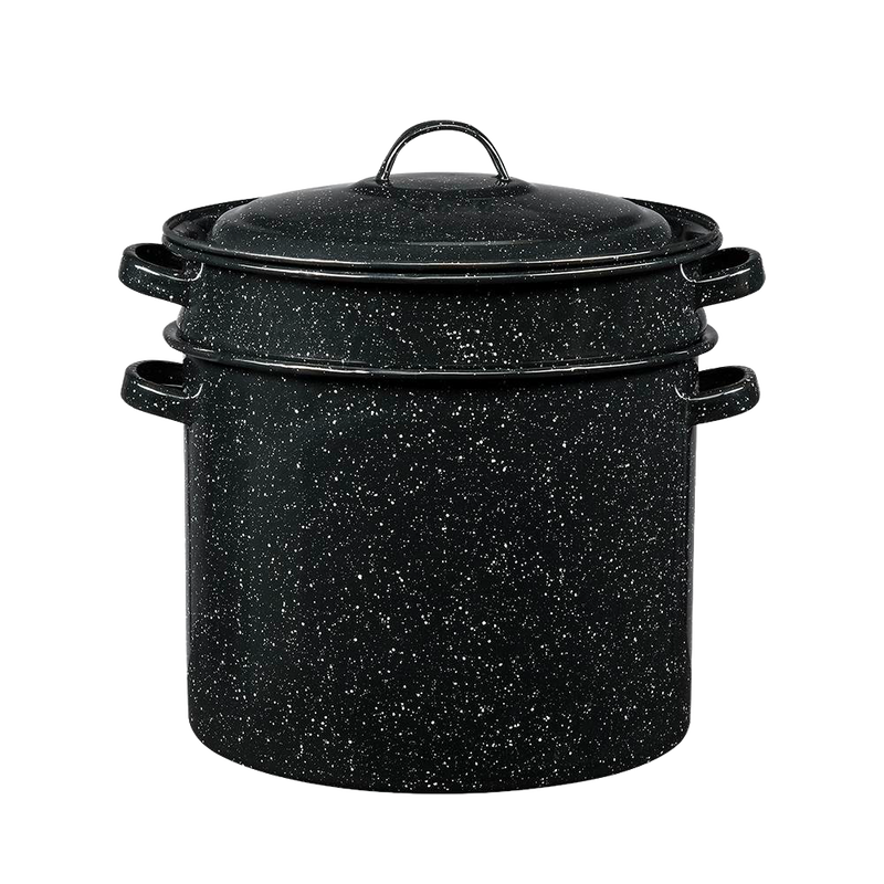 Black enamelware blancher with speckled porcelain surface and fitted lid, designed for even heating and easy vegetable blanching, featured in Kitchen & Food, Cookware, and Best Sellers collections.