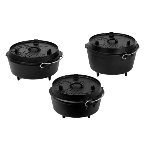 Three black cast iron Dutch ovens with legs and embossed lids featuring sturdy bail handles, crafted for versatile outdoor and indoor cooking, ideal for Kitchen & Food, Cookware, Cast Iron, Best Sellers, Promo Eligible collections.