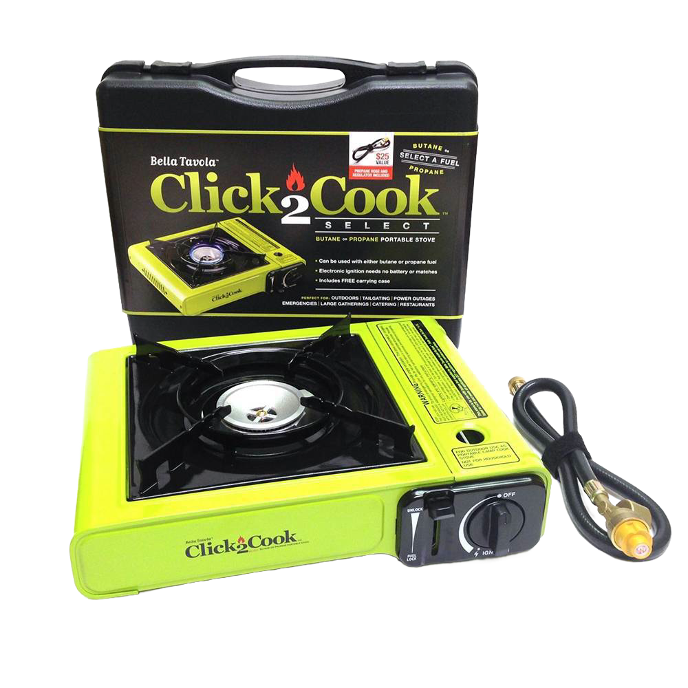 Light green portable single-burner stove with cast aluminum burner, piezo ignition, and fuel hose, designed for outdoor use in camping, emergency supplies, and farm and garden settings.