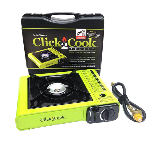 Light green portable single-burner stove with cast aluminum burner, piezo ignition, and fuel hose, designed for outdoor use in camping, emergency supplies, and farm and garden settings.