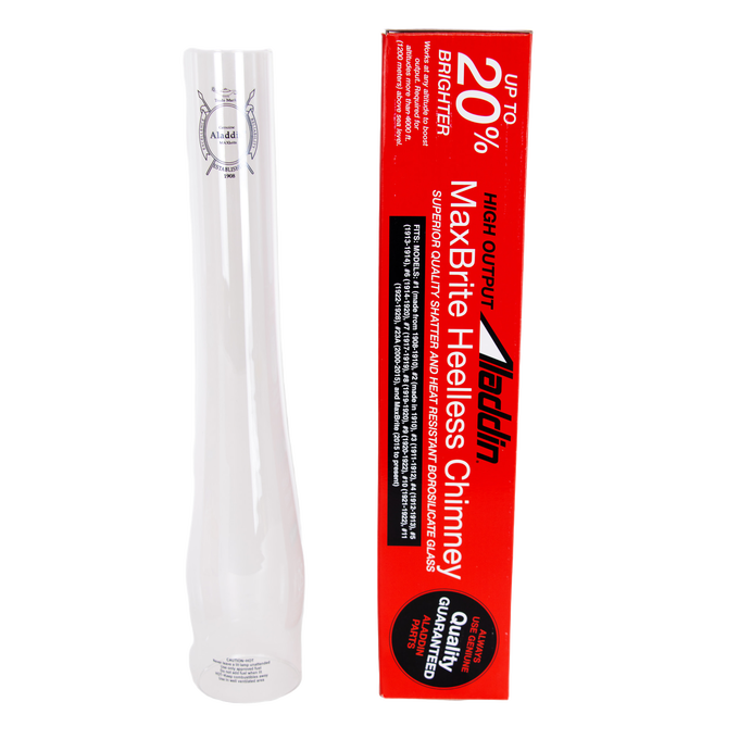 Clear borosilicate glass chimney taller than standard size with black logo, shown alongside bold red packaging, featured in Lamps & Lighting, Parts and Accessories, Chimneys and Globes, Best Sellers, and Promo Eligible collections.