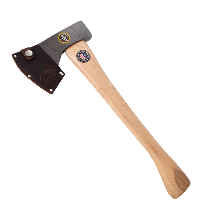 Hand-forged camping axe with high carbon steel blade and smooth hickory handle, featuring a leather sheath, handcrafted Amish made in USA, ideal for farm, garden, and wood cutting tools.