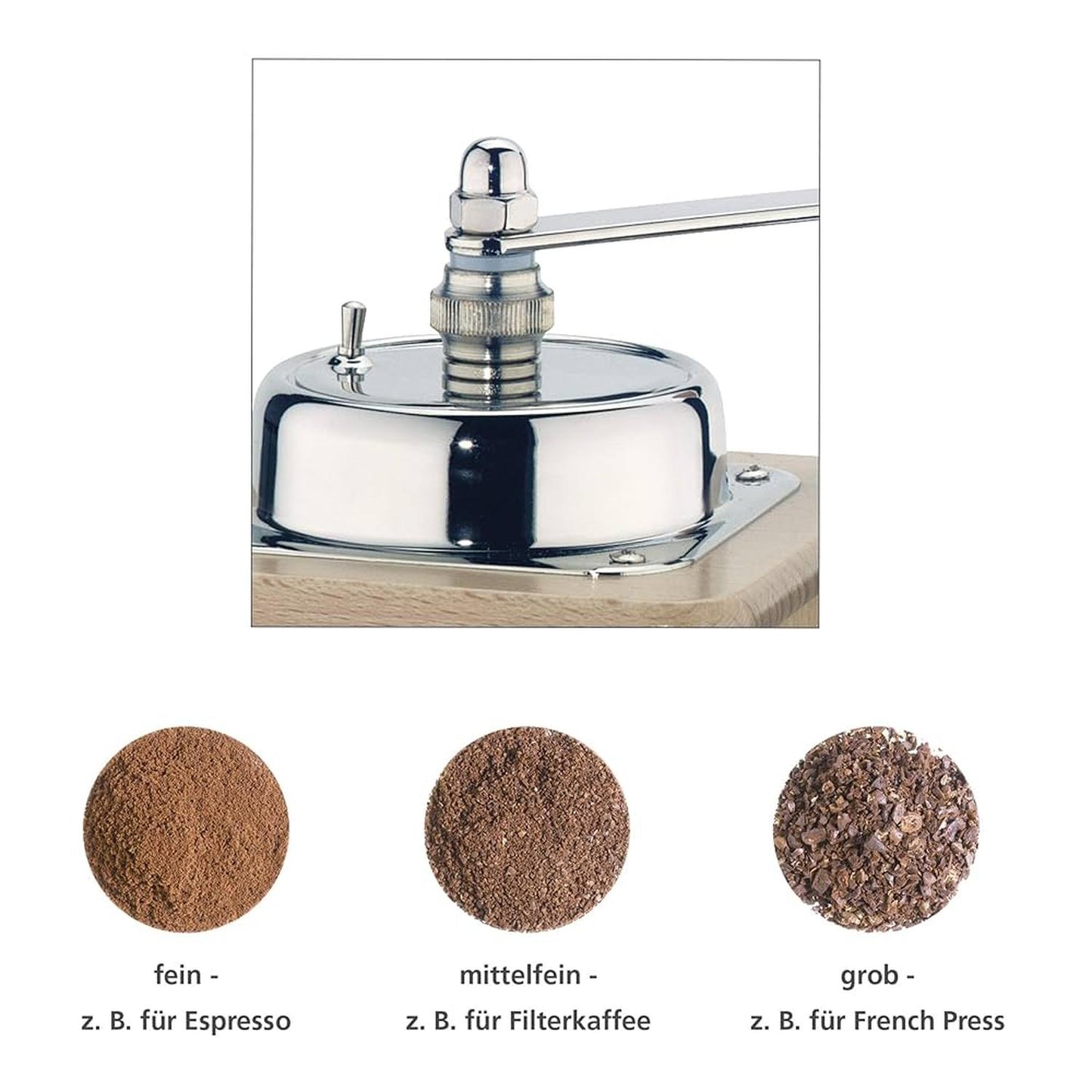 Close-up of the polished steel top crank and adjustment knob on a handcrafted wooden coffee mill, with examples of fine, medium, and coarse ground coffee for Kitchen & Food, Brewing Coffee and Tea, and Farm, Garden & Tool collections.