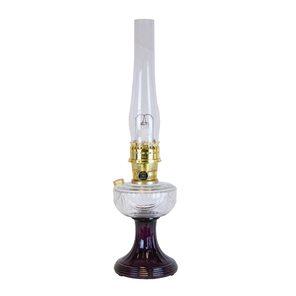 Handcrafted oil lamp featuring a clear glass font over an amethyst pedestal base with brass burner, perfect for Lamps & Lighting, Oil Lamps, Table Lamps, and Best Sellers collections.