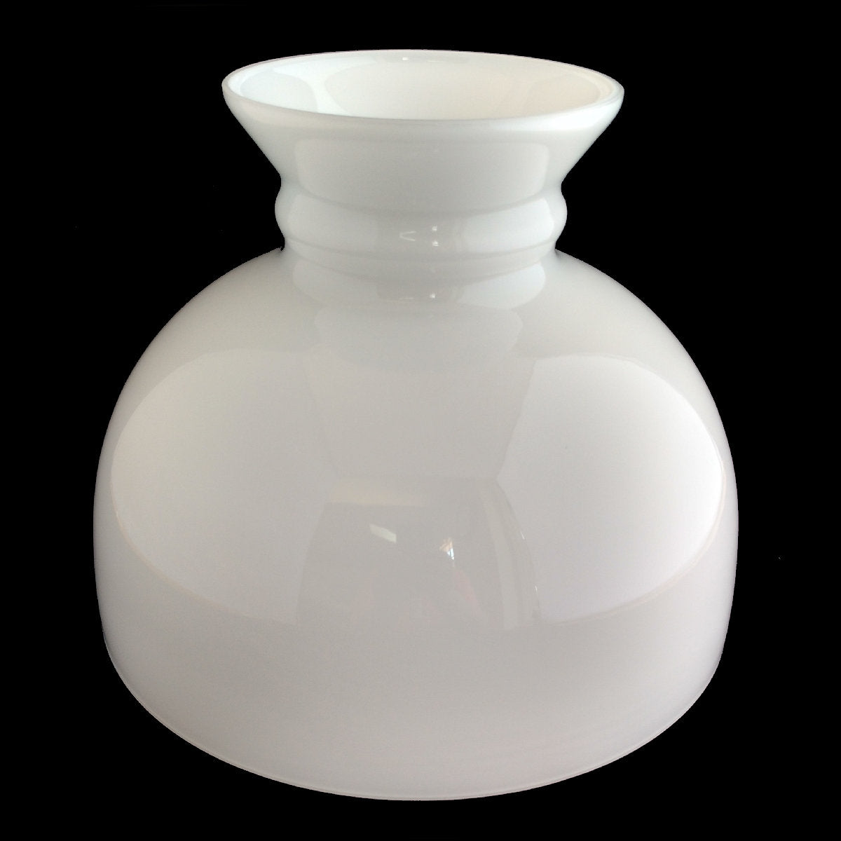 Hand-molded opal glass lamp shade with a rounded profile and flared top, designed for use with Aladdin 10" shade rings, crafted for Lamps & Lighting and Parts and Accessories collections.