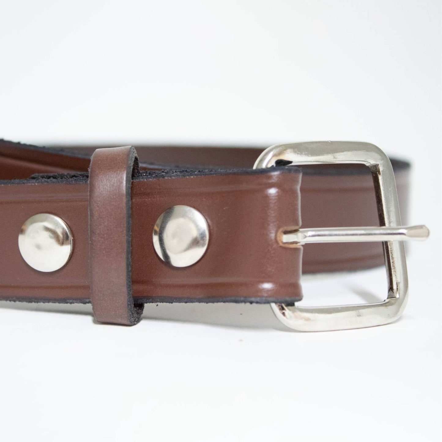 Handcrafted Amish-made rich brown genuine cowhide leather belt with polished chrome buckle and metal snaps, featured in Health & Wellness, USA Made, Clothing and Accessories collections.