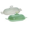 Two elegant glass stick butter dishes in soft green and milky white, featuring decorative handles and scalloped edges, ideal for Kitchen & Food, Dinnerware, Making Butter, USA Made, Best Sellers, Promo Eligible collections.