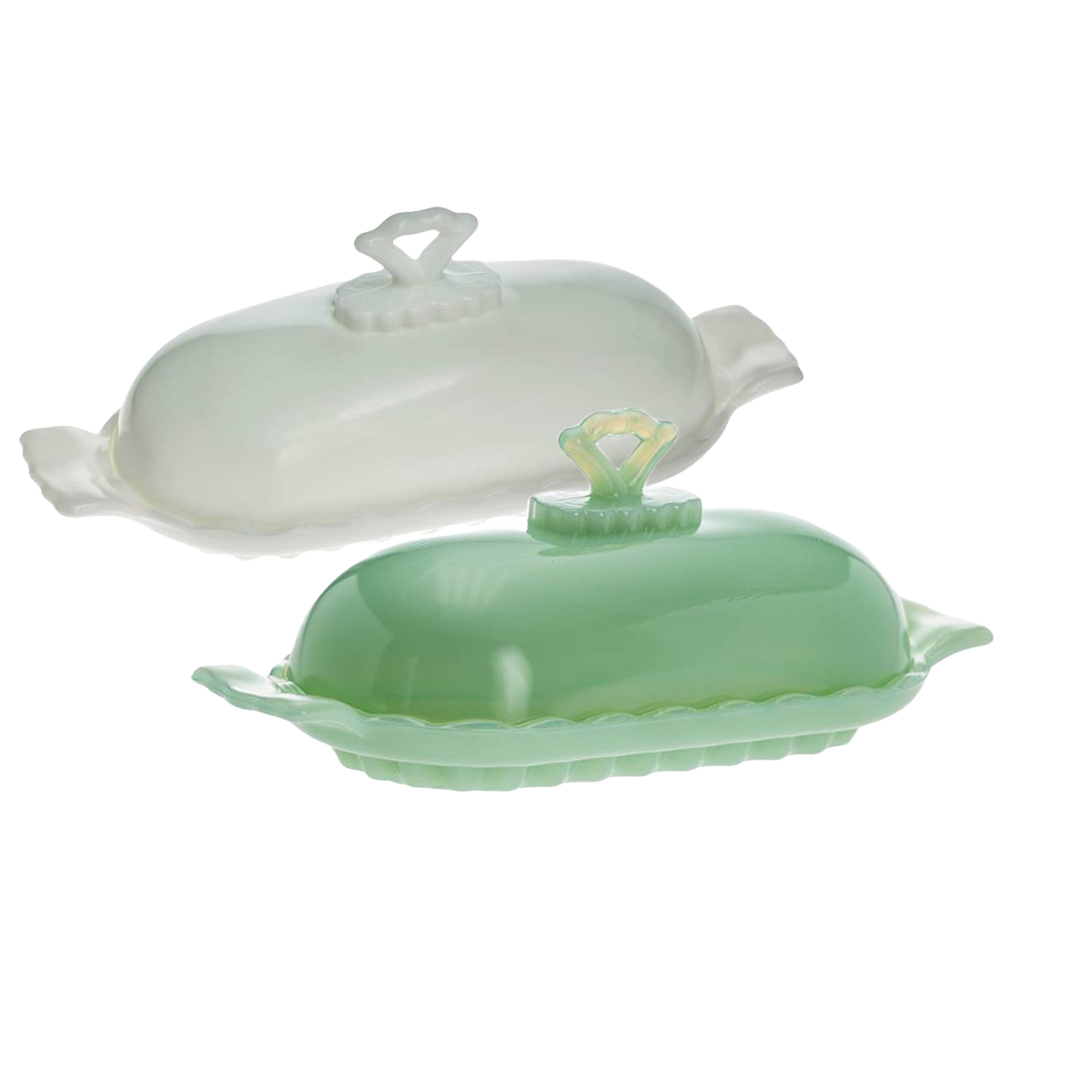 Two elegant glass stick butter dishes in soft green and milky white, featuring decorative handles and scalloped edges, ideal for Kitchen & Food, Dinnerware, Making Butter, USA Made, Best Sellers, Promo Eligible collections.