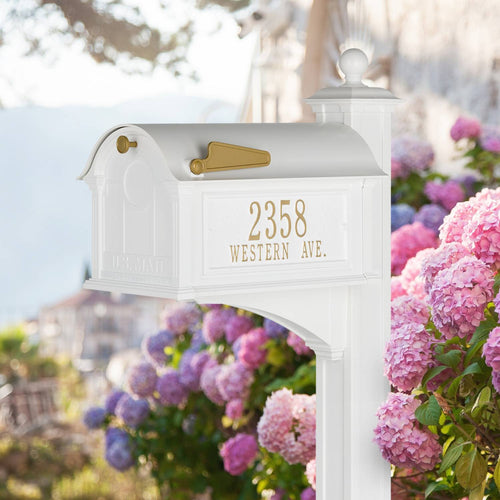 Handcrafted white and gold custom mailbox with post featuring a classic Balmoral design and personalized address plaque, made in USA, perfect for Home & Decor and Mailboxes and Address Signs collections.