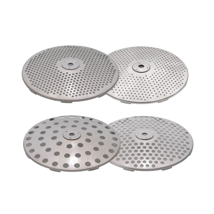 Set of four interchangeable durable stainless steel discs with various hole sizes for food milling, ideal for Kitchen & Food, Food Prep, Food Mills, Best Sellers, and Farm, Garden & Tool collections.