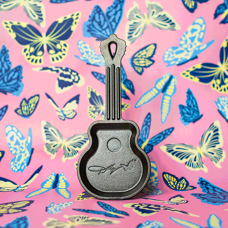 Unique cast iron mini skillet shaped like a guitar with an embossed signature, handcrafted in the USA, ideal for Kitchen & Food, Cookware, Cast Iron, and Best Sellers collections.