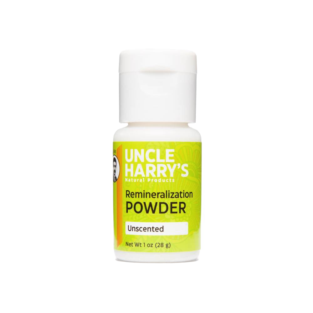 Handcrafted remineralization powder in a 1 oz bottle, unscented and made in USA, supporting enamel health, featured in Health & Wellness, Grooming and Personal Hygiene, USA Made, Best Sellers, and Promo Eligible collections.
