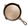 Top view of a handcrafted, lightweight cast iron skillet with smooth cooking surface and dual pour spouts, featuring the number 6 marking, ideal for Kitchen & Food, Camping, Cookware, Cast Iron, USA Made, and Best Sellers collections.