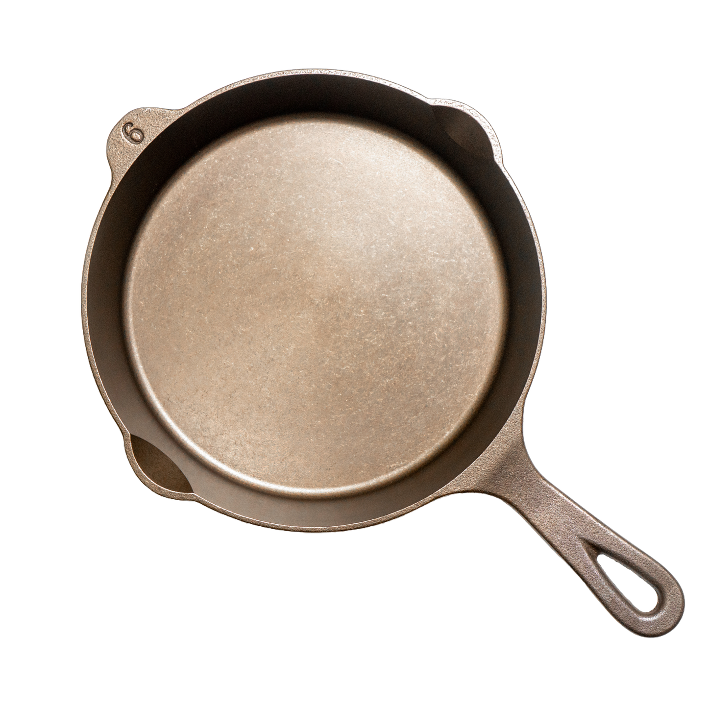 Top view of a handcrafted, lightweight cast iron skillet with smooth cooking surface and dual pour spouts, featuring the number 6 marking, ideal for Kitchen & Food, Camping, Cookware, Cast Iron, USA Made, and Best Sellers collections.