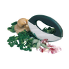 Handheld mezzaluna chopper with dual stainless steel blades and comfortable grip, shown chopping herbs, mushrooms, and onions, ideal for Kitchen & Food and Food Prep collections.