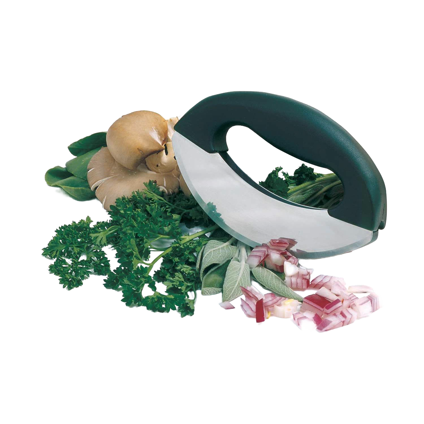 Handheld mezzaluna chopper with dual stainless steel blades and comfortable grip, shown chopping herbs, mushrooms, and onions, ideal for Kitchen & Food and Food Prep collections.