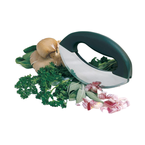 Handheld mezzaluna chopper with dual stainless steel blades and comfortable grip, shown chopping herbs, mushrooms, and onions, ideal for Kitchen & Food and Food Prep collections.