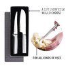 Two handcrafted stainless steel knives with smooth metal handles in a black foam insert inside a gift box, alongside a demonstration peeling cauliflower, ideal for precise food prep in Farm, Garden & Tool and Kitchen & Food collections.