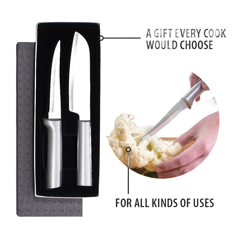 Two handcrafted stainless steel knives with smooth metal handles in a black foam insert inside a gift box, alongside a demonstration peeling cauliflower, ideal for precise food prep in Farm, Garden & Tool and Kitchen & Food collections.
