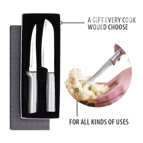 Two handcrafted stainless steel knives with smooth metal handles in a black foam insert inside a gift box, alongside a demonstration peeling cauliflower, ideal for precise food prep in Farm, Garden & Tool and Kitchen & Food collections.