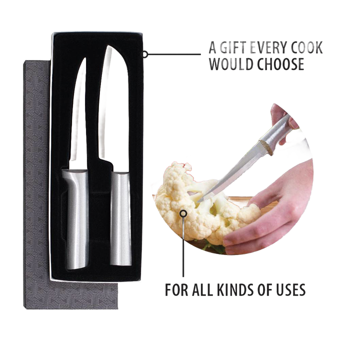 Two handcrafted stainless steel knives with smooth metal handles in a black foam insert inside a gift box, alongside a demonstration peeling cauliflower, ideal for precise food prep in Farm, Garden & Tool and Kitchen & Food collections.