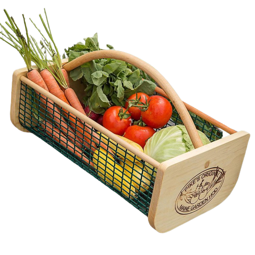 Handcrafted Maine Garden Hod with wooden ends, curved handle, and green wire mesh body, filled with fresh garden vegetables, part of Farm, Garden & Tool, Garden Accessories, USA Made, and Best Sellers collections.