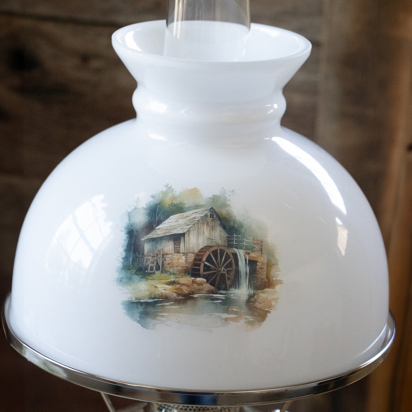 Handcrafted white glass lamp shade featuring a detailed rustic watermill illustration, designed to softly diffuse oil lamp light, ideal for Lamps & Lighting, Parts and Accessories, and Best Sellers collections.