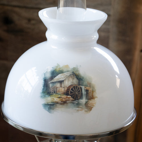 Handcrafted white glass lamp shade featuring a detailed rustic watermill illustration, designed to softly diffuse oil lamp light, ideal for Lamps & Lighting, Parts and Accessories, and Best Sellers collections.