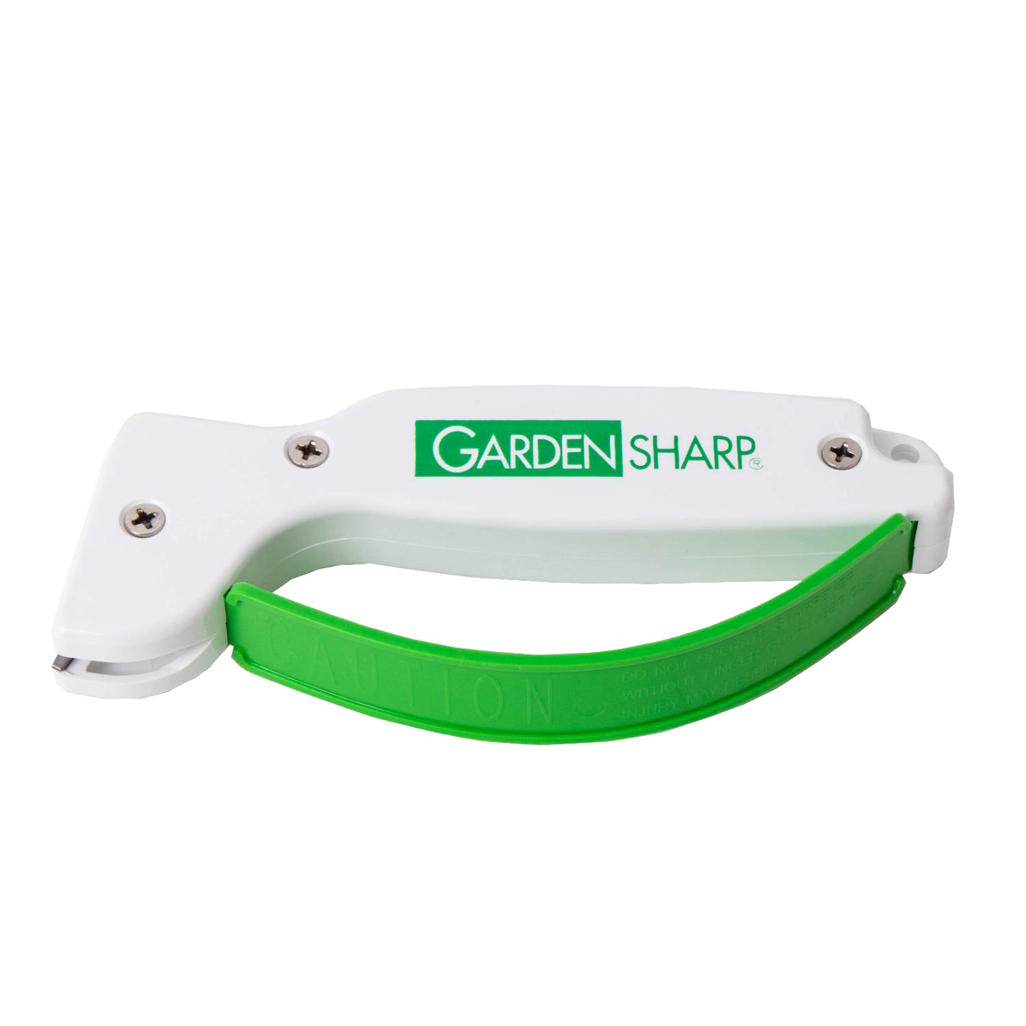 Compact garden tool sharpener with a white body and green handle, featuring a diamond-honed tungsten carbide edge, made in USA for Farm, Garden & Tool and Lawncare collections.