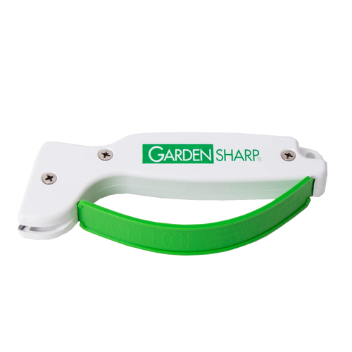 Compact garden tool sharpener with a white body and green handle, featuring a diamond-honed tungsten carbide edge, made in USA for Farm, Garden & Tool and Lawncare collections.