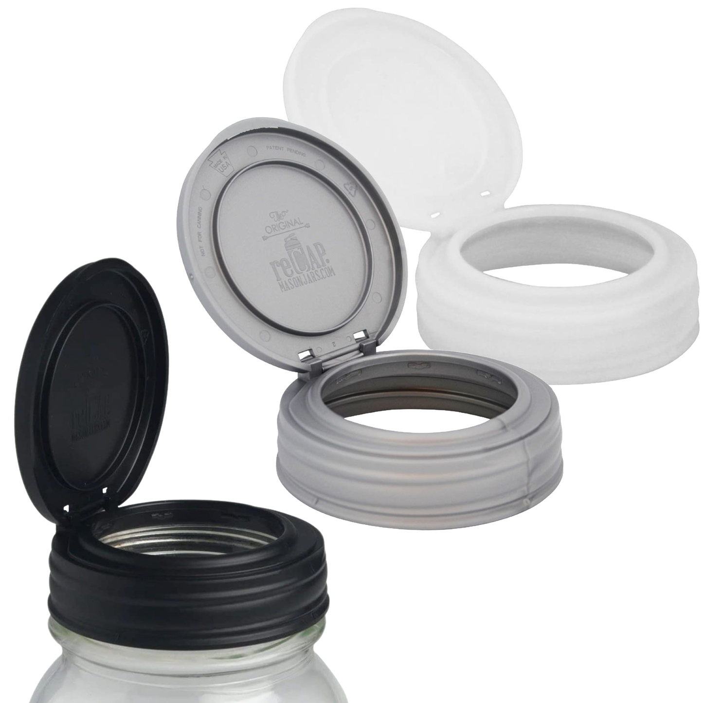 Set of two reusable flip-top lids in black and white for regular mouth jars, handcrafted and made in USA, perfect for kitchen gadgets, storage, and household helpers collections.