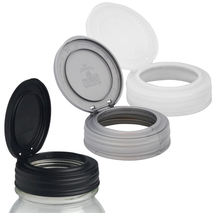 Set of two reusable flip-top lids in black and white for regular mouth jars, handcrafted and made in USA, perfect for kitchen gadgets, storage, and household helpers collections.