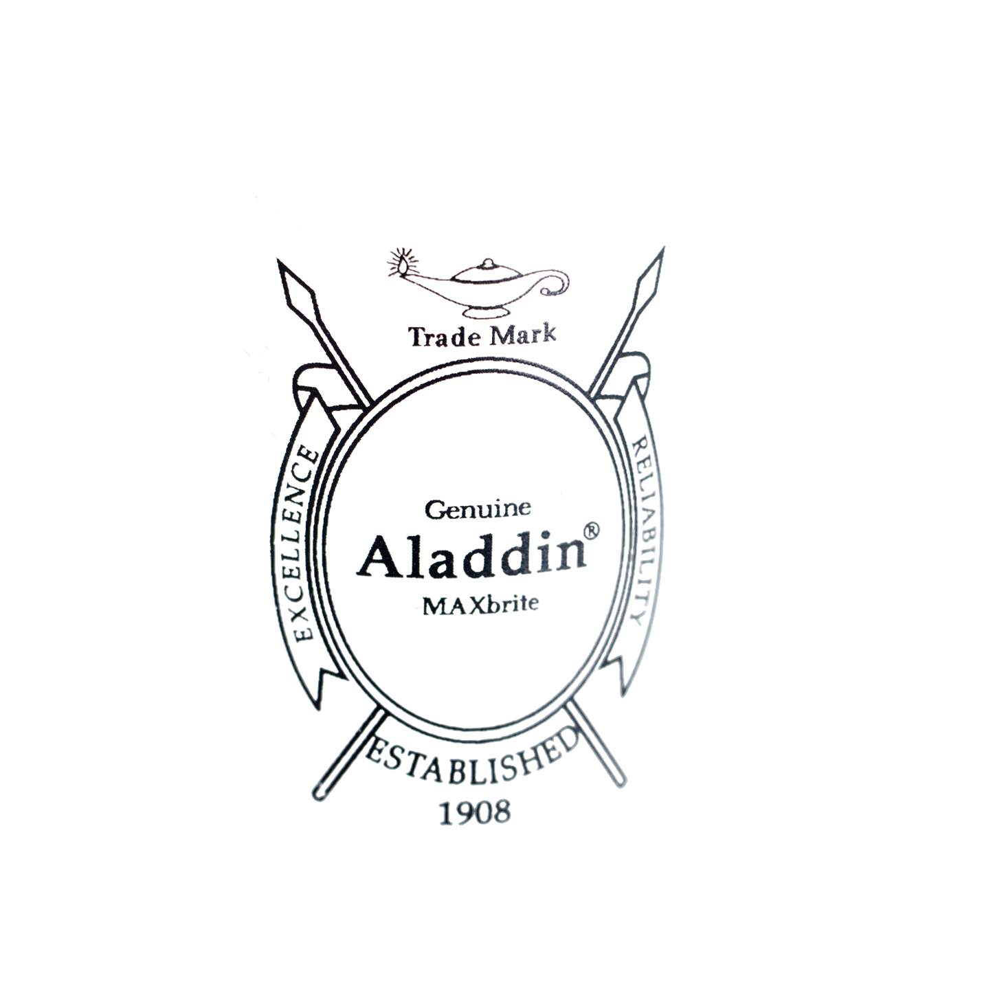Vintage-style logo featuring crossed swords behind an oval emblem with "Aladdin" and "Established 1908," representing classic craftsmanship in oil lamps and lighting collections.