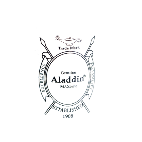 Vintage-style logo featuring crossed swords behind an oval emblem with "Aladdin" and "Established 1908," representing classic craftsmanship in oil lamps and lighting collections.
