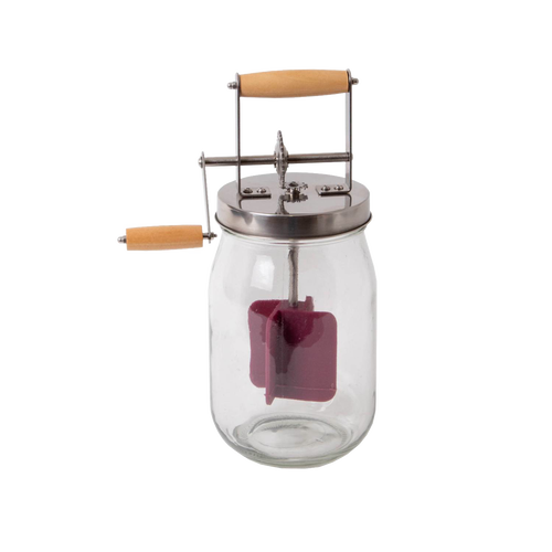 Mini glass butter churn with stainless steel lid and wooden handles, designed for making butter at home, featured in Farm, Garden & Tool and Kitchen & Food collections.