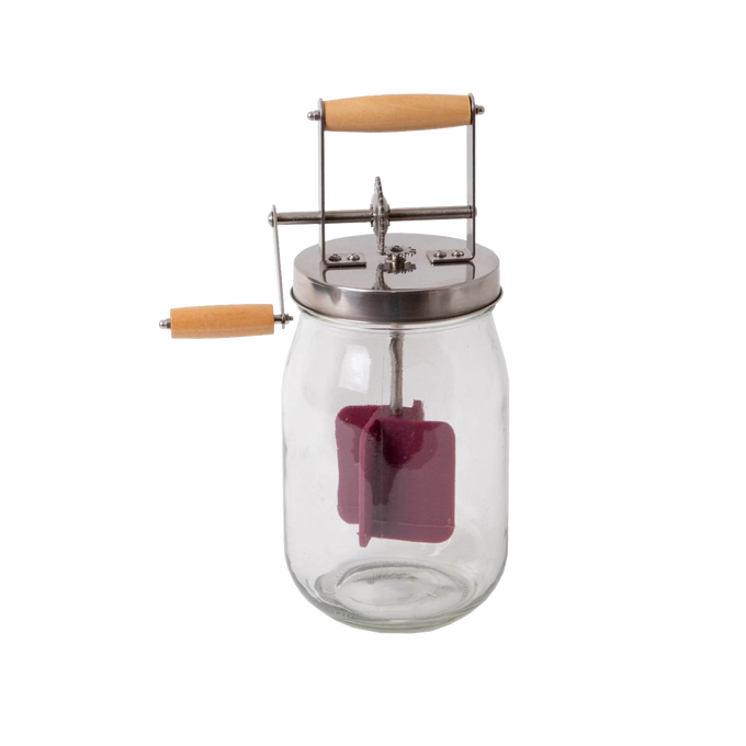 Mini glass butter churn with stainless steel lid and wooden handles, designed for making butter at home, featured in Farm, Garden & Tool and Kitchen & Food collections.