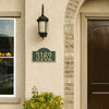 Handcrafted green and gold arched rectangle address plaque with bold numbers, designed to enhance curb appeal, made in USA, featured in Home & Decor, Household Helpers, and Mailboxes and Address Signs collections.